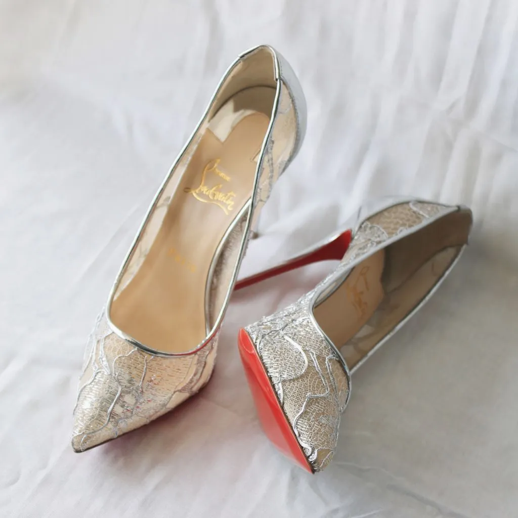 Christian Louboutin Silver Lace Pointed Toe Pumps, 37.5