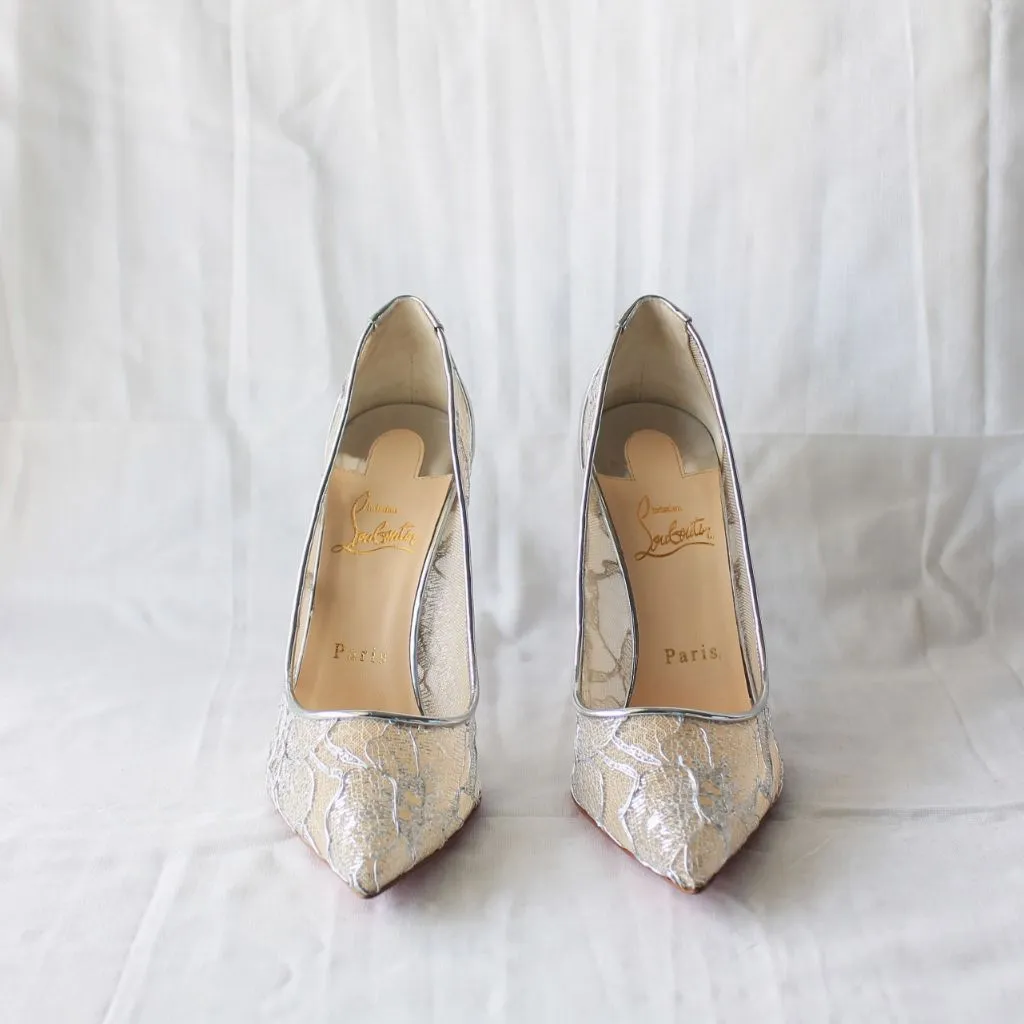 Christian Louboutin Silver Lace Pointed Toe Pumps, 37.5