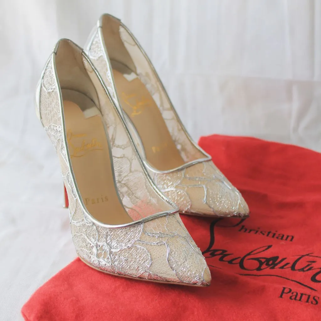 Christian Louboutin Silver Lace Pointed Toe Pumps, 37.5