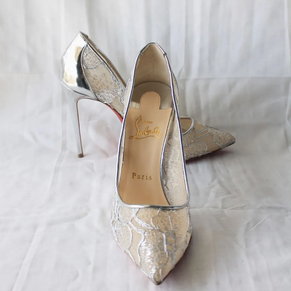 Christian Louboutin Silver Lace Pointed Toe Pumps, 37.5