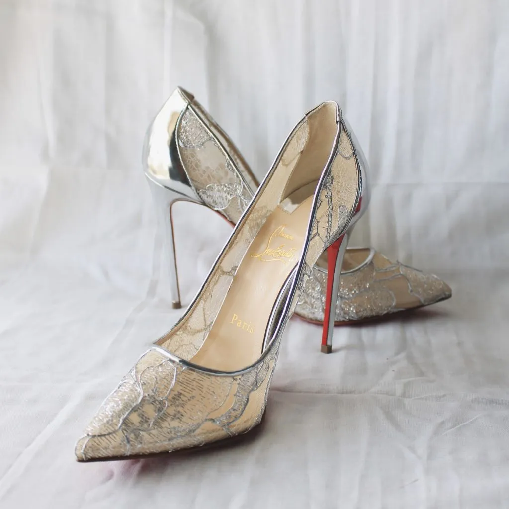 Christian Louboutin Silver Lace Pointed Toe Pumps, 37.5