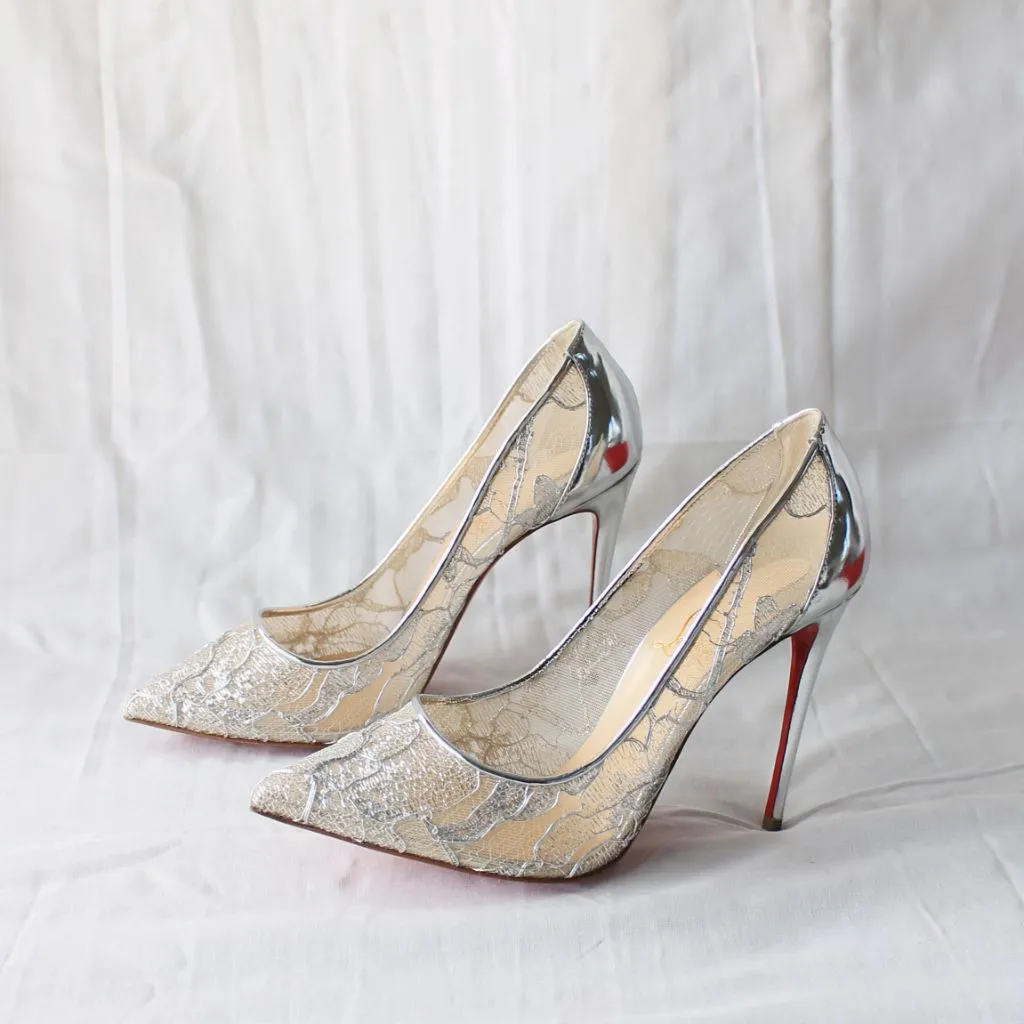 Christian Louboutin Silver Lace Pointed Toe Pumps, 37.5