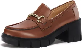Coutgo Womens Chunky Platform Lug Sole Loafers Mid Heel Square Toe Dress Walking Work Shoes with Buckle Chain