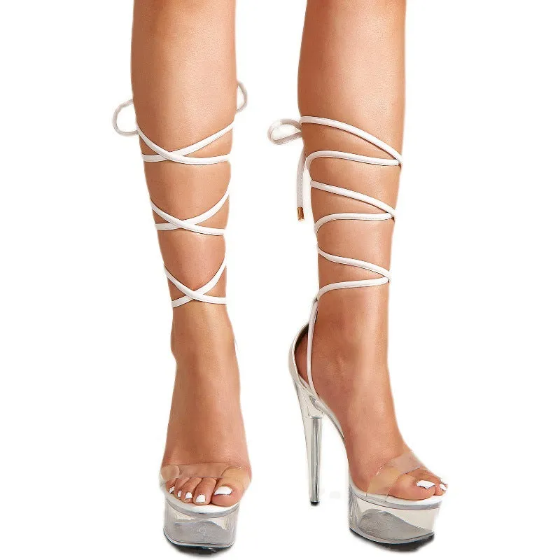 Crystal heel 15cm thin high heel sandals fashion cross strap women's sandals