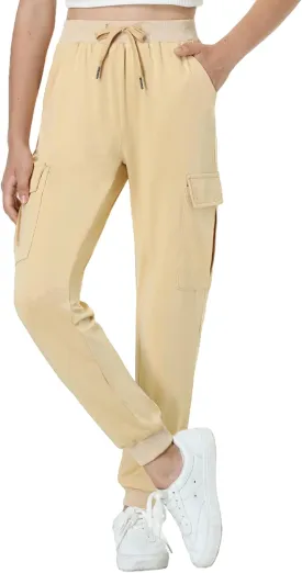 EXARUS Girls Cargo Pants Joggers Slim Fit with Zip Pockets Kids Quick Dry Lightweight Drawstring High Waisted 8-14Y