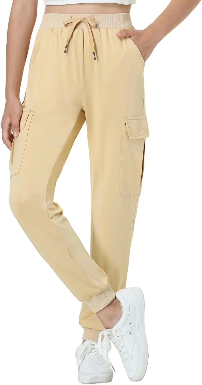 EXARUS Girls Cargo Pants Joggers Slim Fit with Zip Pockets Kids Quick Dry Lightweight Drawstring High Waisted 8-14Y