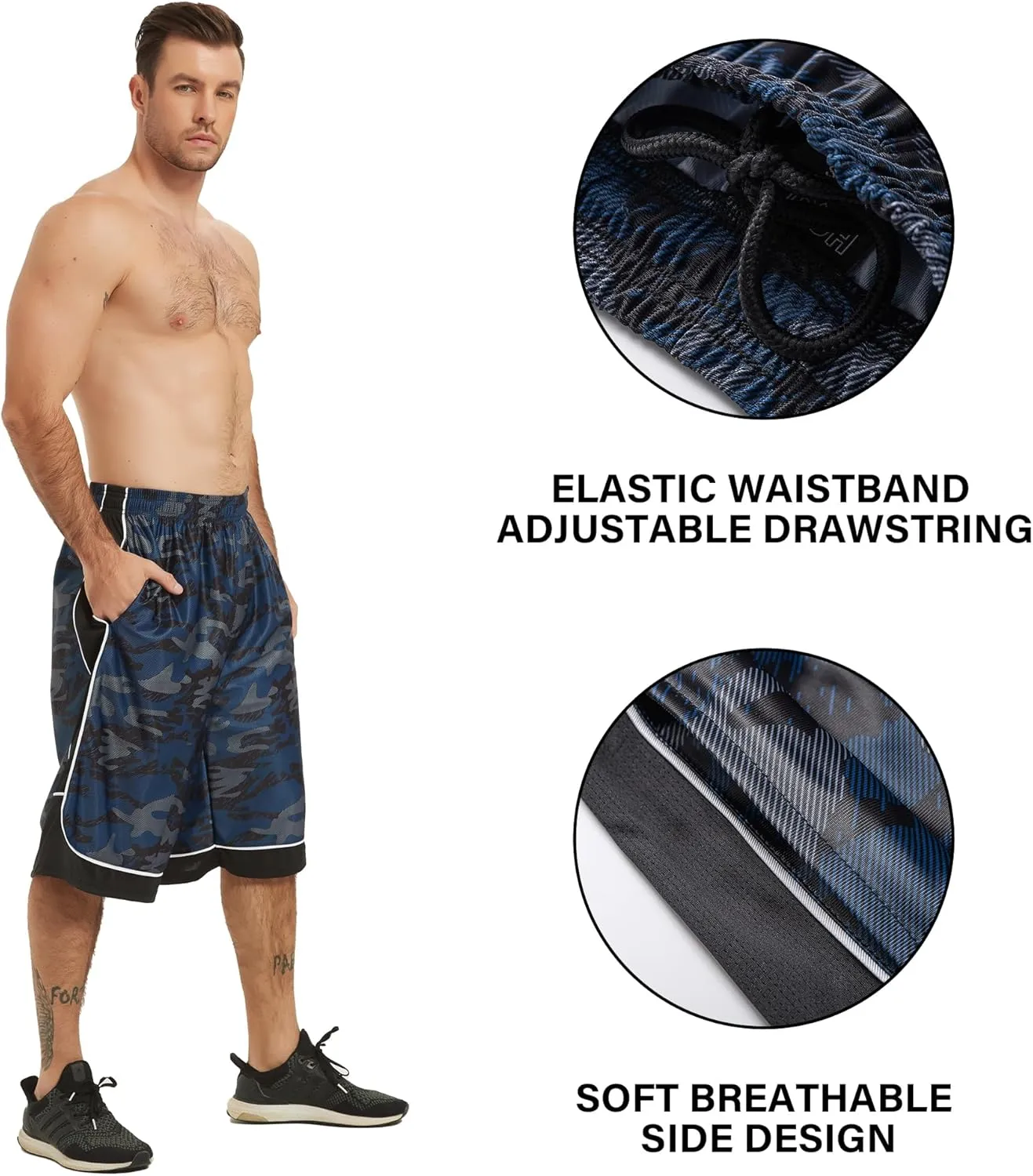 HQUEC Men's 12" Athletic Shorts Long Basketball Workout Shorts Below Knee Loose-Fit with Pockets
