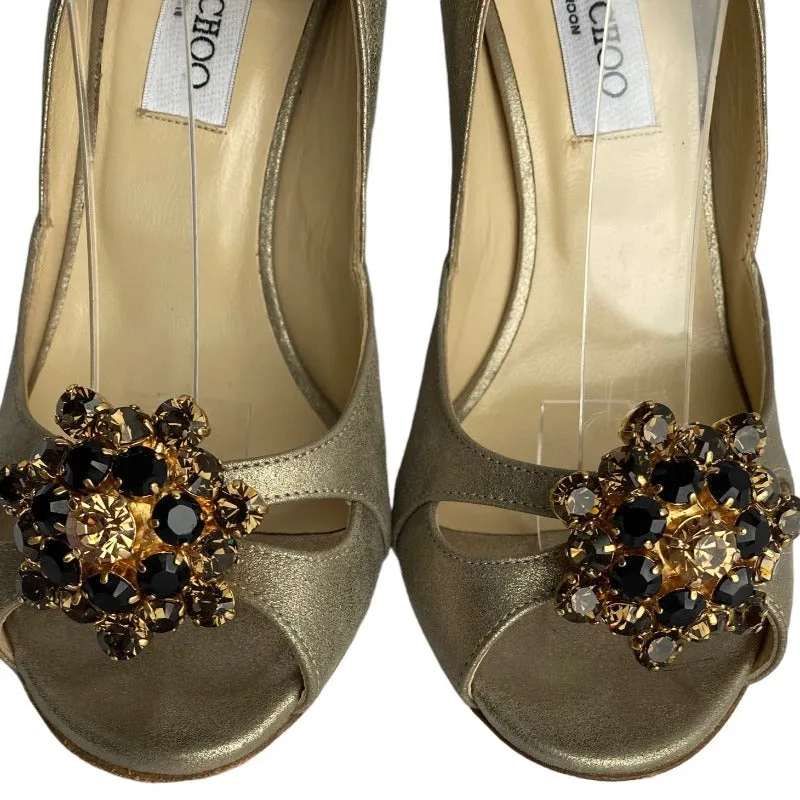 JIMMY CHOO Metallic Gold Leather Flower Shape Crystals D'orsay Pumps, Size 38