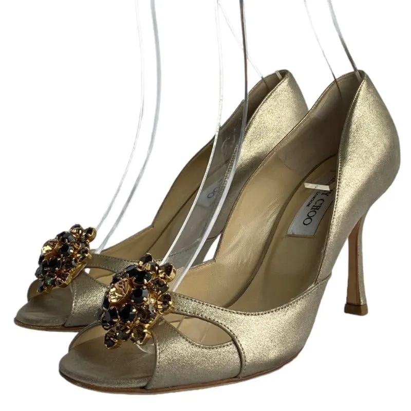 JIMMY CHOO Metallic Gold Leather Flower Shape Crystals D'orsay Pumps, Size 38