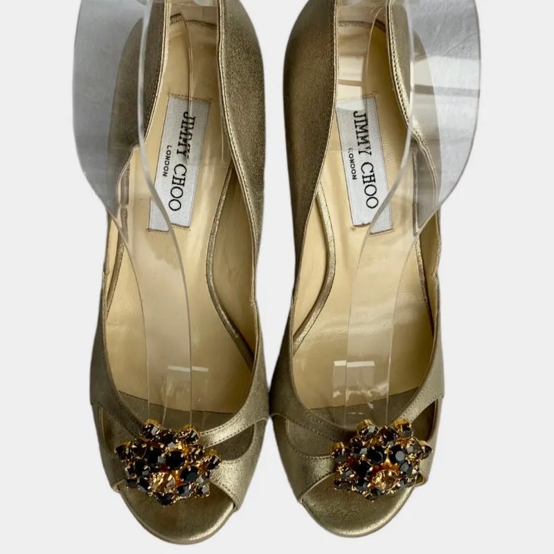 JIMMY CHOO Metallic Gold Leather Flower Shape Crystals D'orsay Pumps, Size 38