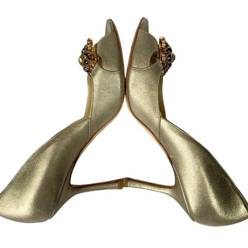 JIMMY CHOO Metallic Gold Leather Flower Shape Crystals D'orsay Pumps, Size 38