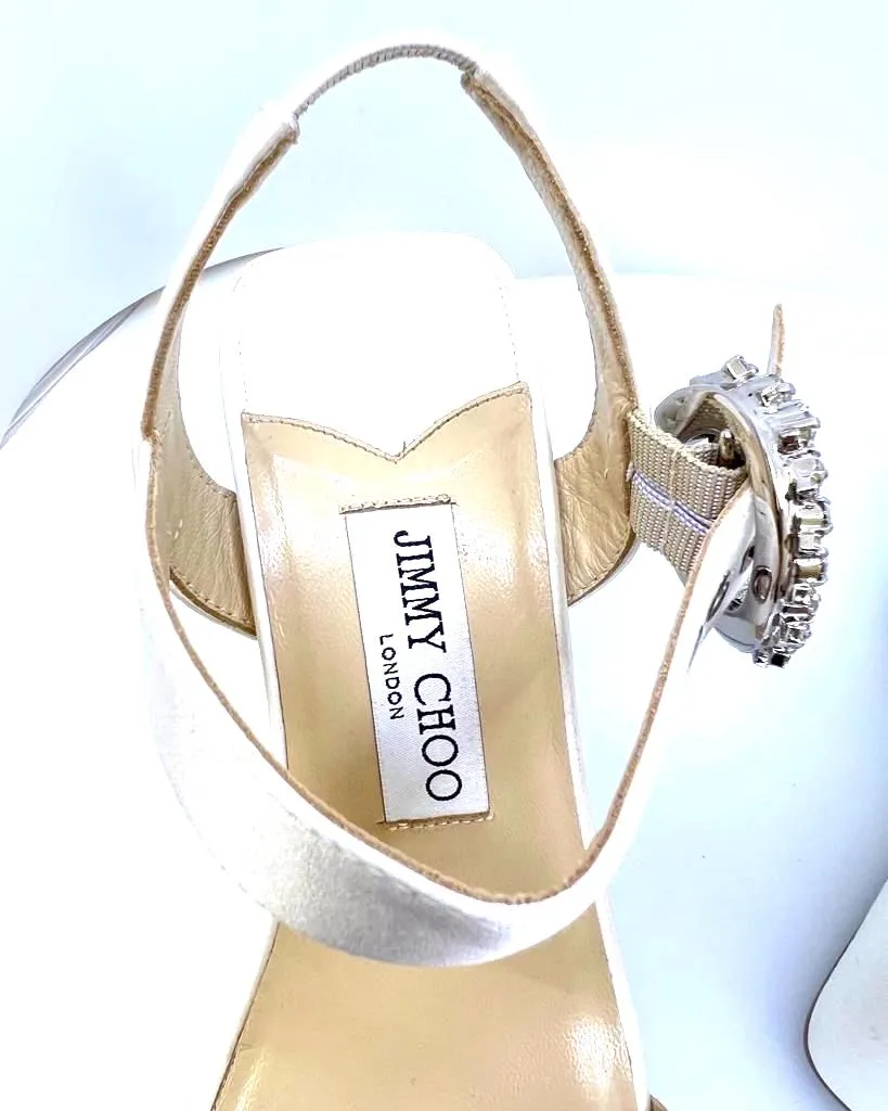 JIMMY CHOO MIRABELLE 110 SATIN WEDGE SANDALS