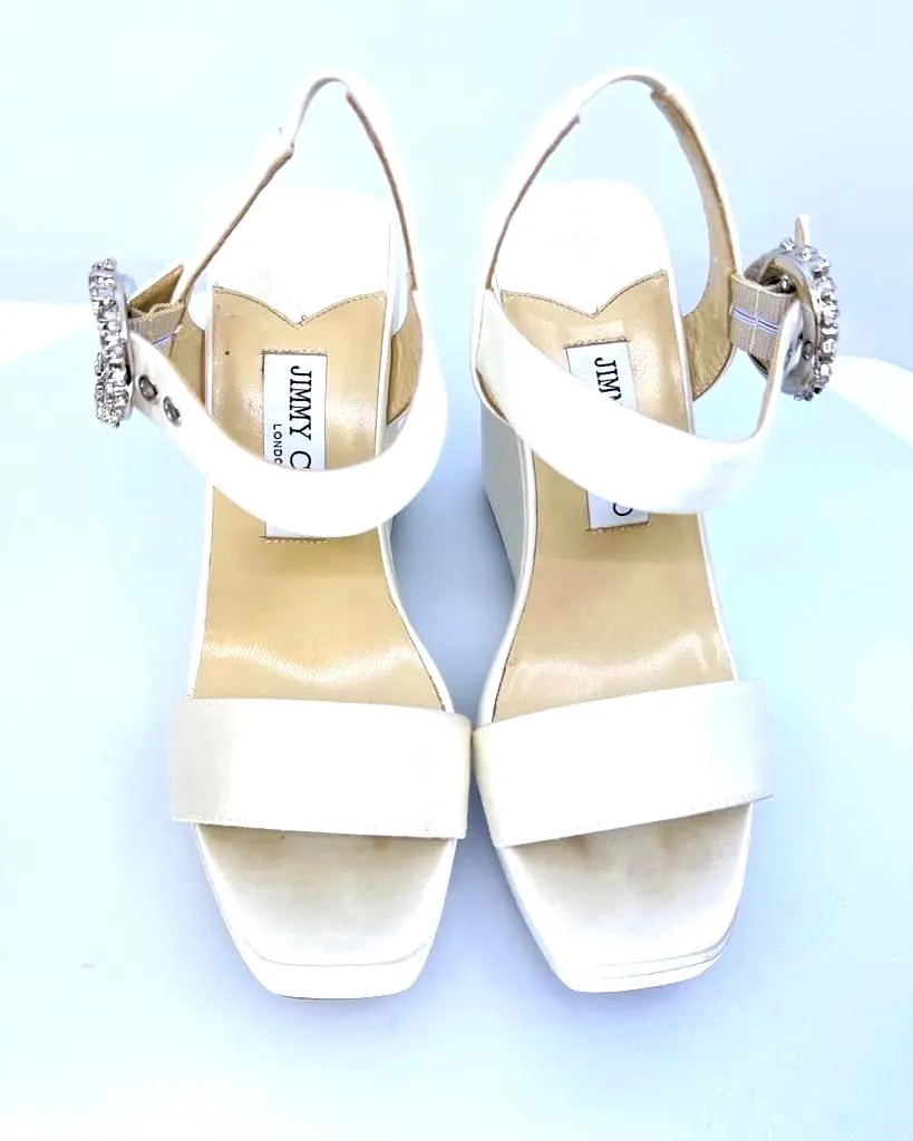 JIMMY CHOO MIRABELLE 110 SATIN WEDGE SANDALS