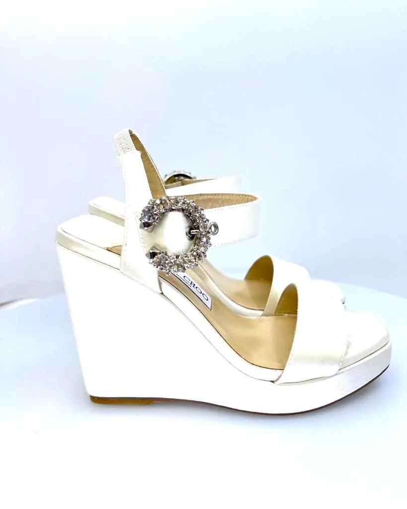 JIMMY CHOO MIRABELLE 110 SATIN WEDGE SANDALS