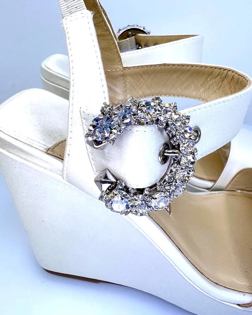 JIMMY CHOO MIRABELLE 110 SATIN WEDGE SANDALS