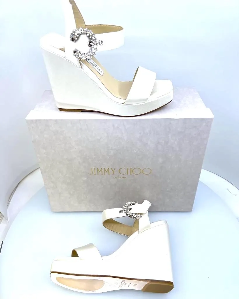 JIMMY CHOO MIRABELLE 110 SATIN WEDGE SANDALS