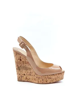 Louboutin Nude Patent & Cork Wedge Heels - 38
