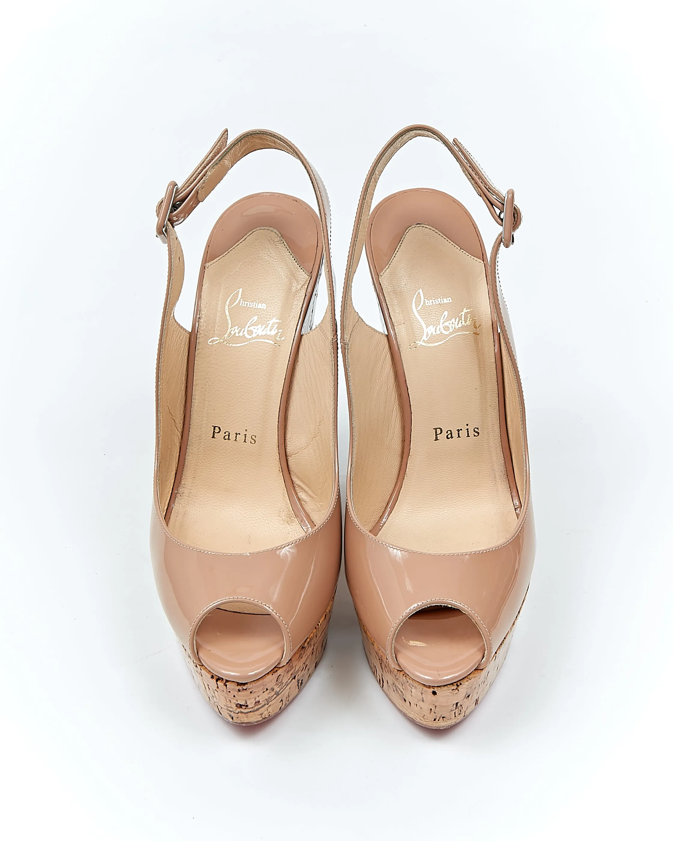 Louboutin Nude Patent & Cork Wedge Heels - 38