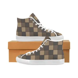 Men's Big Size Brown Monochromatic Checks Print High Top Canvas Shoes