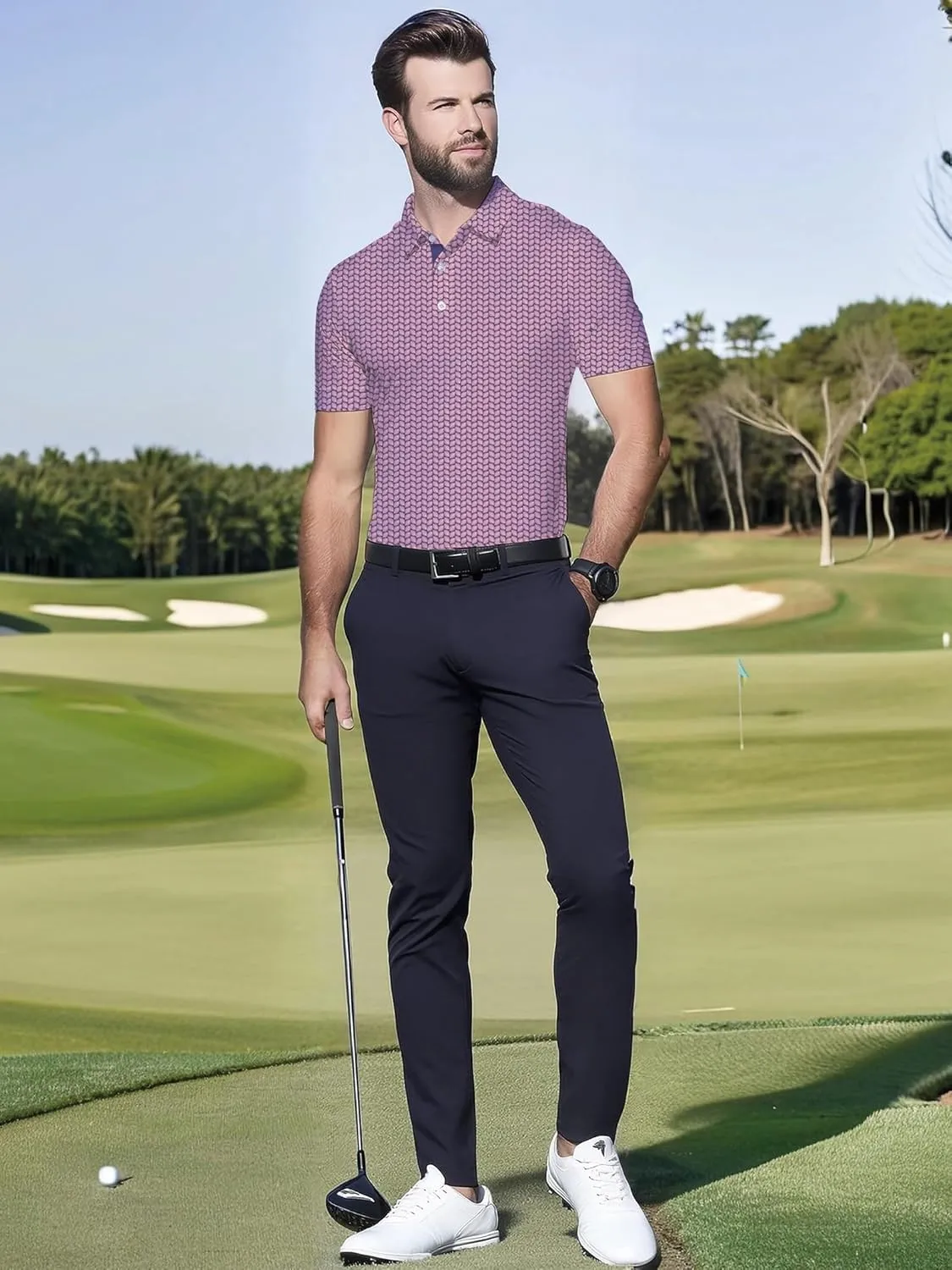 Mens Golf Shirts Short Sleeve Print Dry Fit Moisture Wicking Performance Polo Shirt