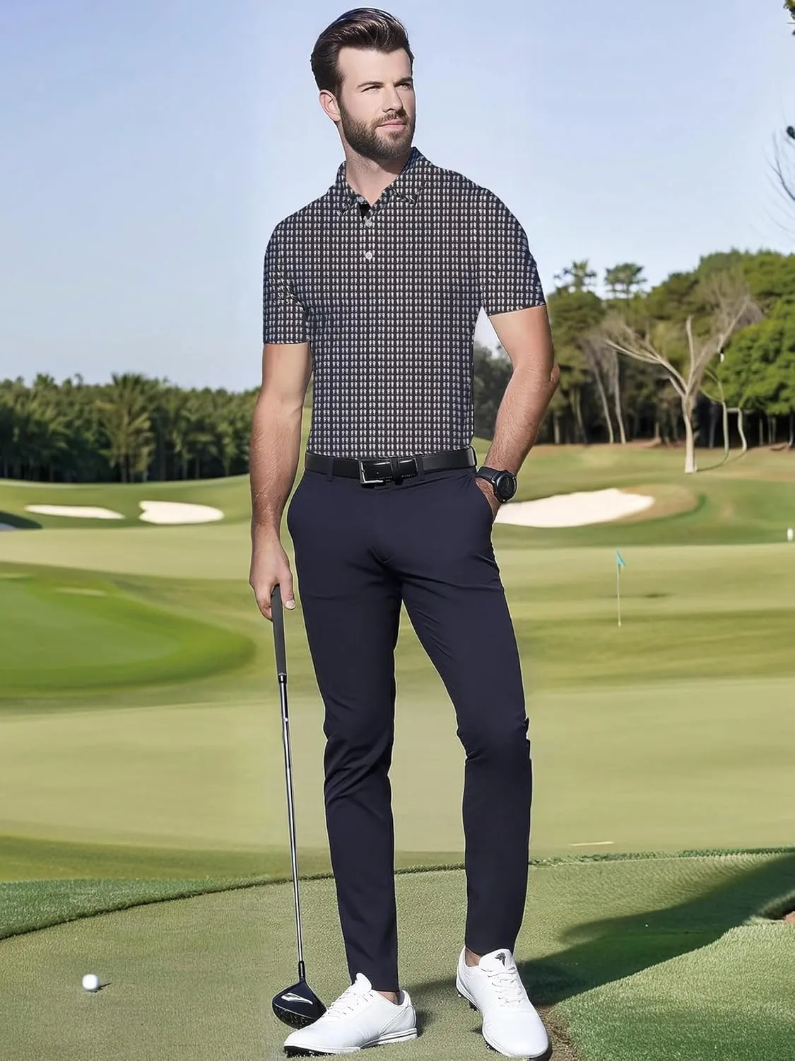 Mens Golf Shirts Short Sleeve Print Dry Fit Moisture Wicking Performance Polo Shirt