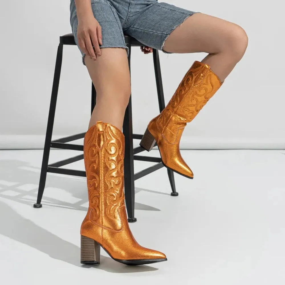 Merendy Sara block heeled  Metallic Knee-high western Boots