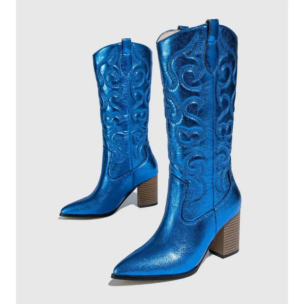 Merendy Sara block heeled  Metallic Knee-high western Boots