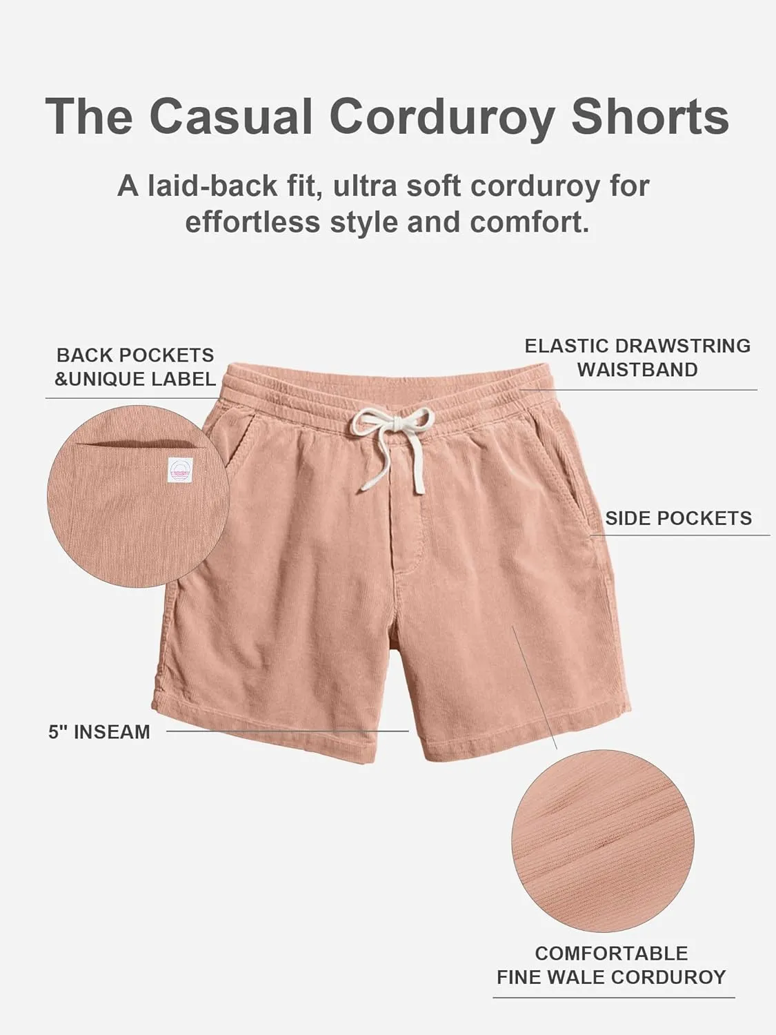 PLEPAN Mens Corduroy Shorts 5 Inch Casual Elastic Waist Drawstring Lightweight Summer Beach Shorts with Pockets