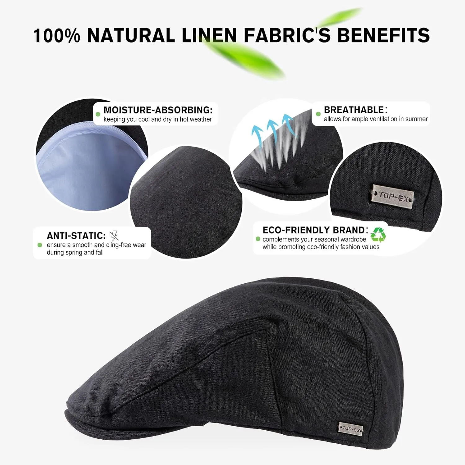 TOP-EX XL/XXL Mens 100% Linen Flat Cap Summer Cooling Newsboy Hats Cotton Lining