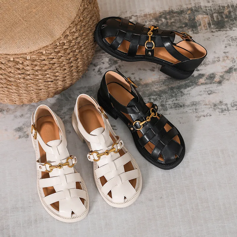 Vintage Woven Toe Cap Roman Style Buckle Sandals for Women
