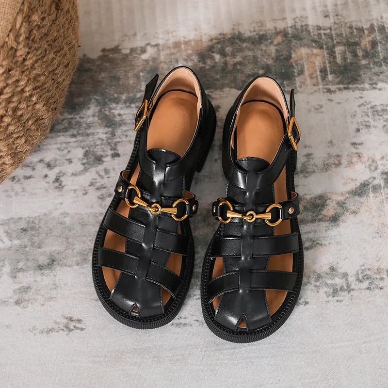 Vintage Woven Toe Cap Roman Style Buckle Sandals for Women