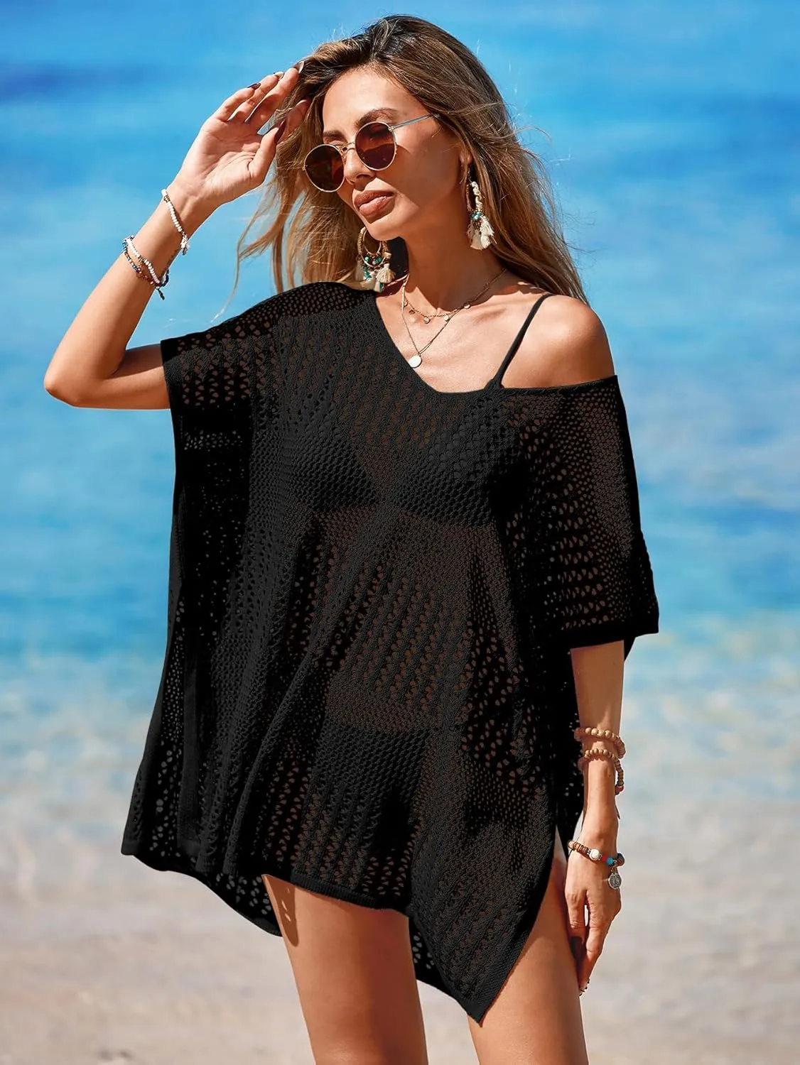 Womens Oversized Crochet Beach Dresses Summer 2025 Scoop Neck Cap Sleeve Bathing Suit Cover Up Mini Dress